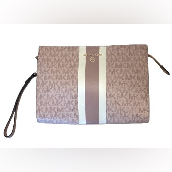 Michael Kors Handbags - Michael Kors Jet Set Travel Zip Around Wallet Blush Stripe MK Logo NWOT